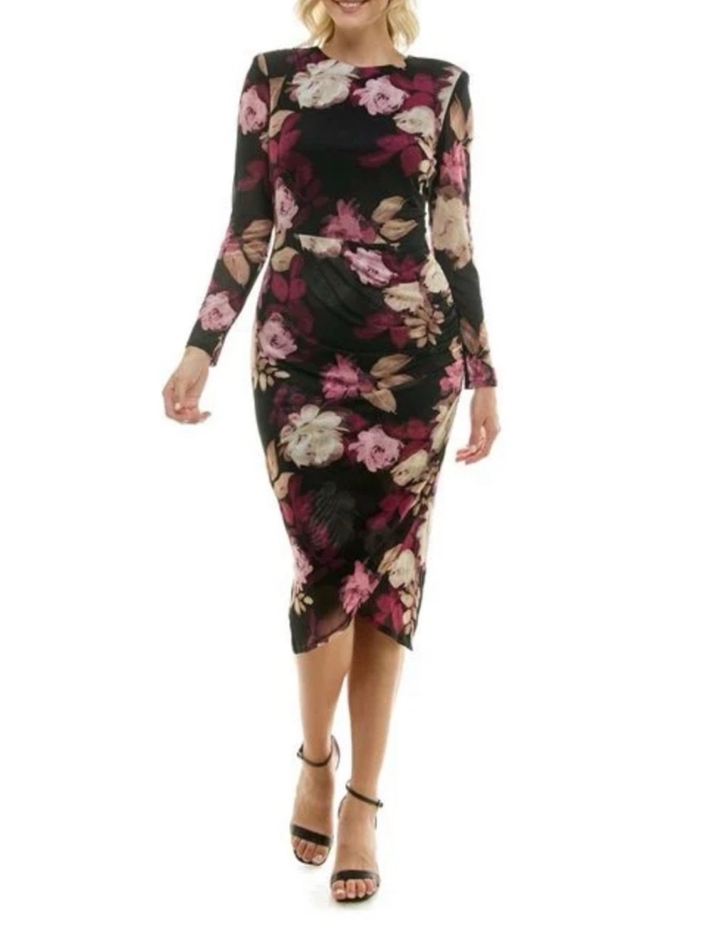 Taylor Floral Mesh Ruched Midi Dress 16W Black Pink Long Sleeve Plus